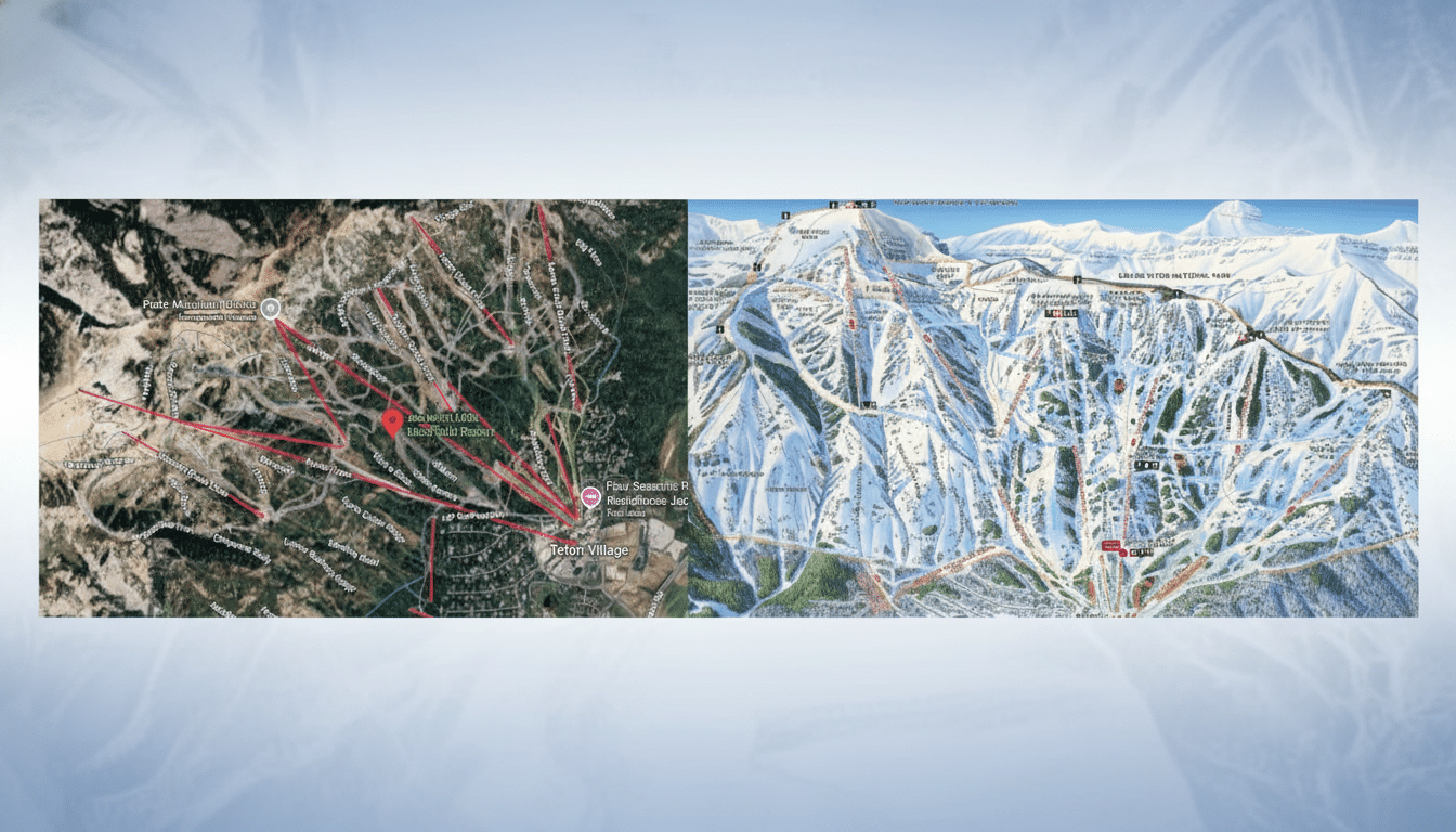 Two ski resort maps side-by-side, one a satellite view with red trails overlaid, and the other a detailed illustrated trail map, both set against a professional flat design background with soft patterns.