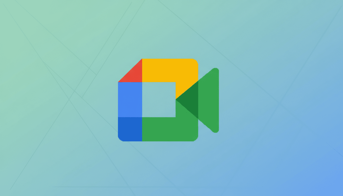 The Google Meet logo, a stylized video camera icon composed of colorful geometric shapes, centered on a professional flat design background with soft blue and green gradients and subtle geometric patterns.