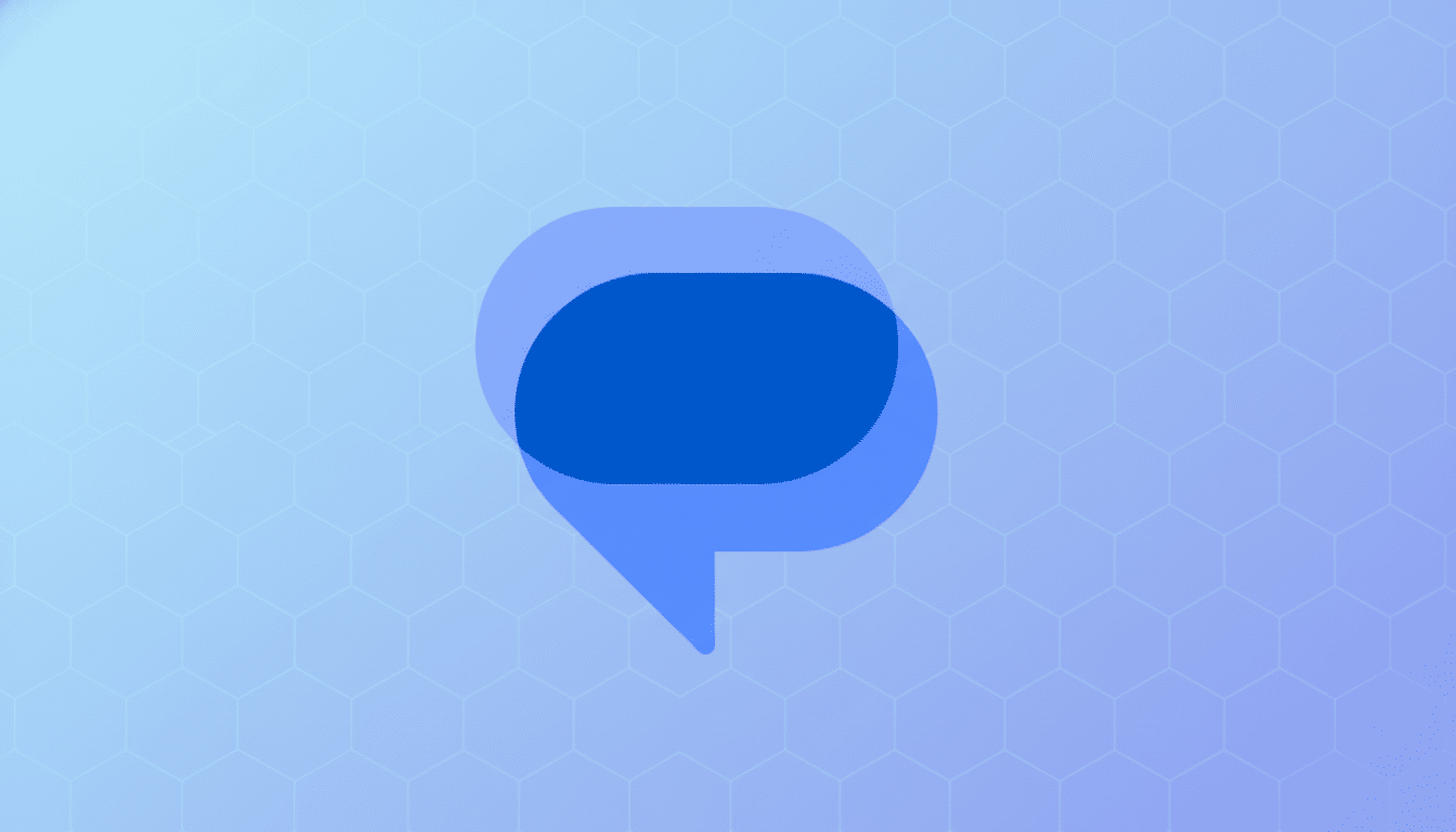 A blue chat bubble icon on a light blue background with a subtle hexagonal pattern.