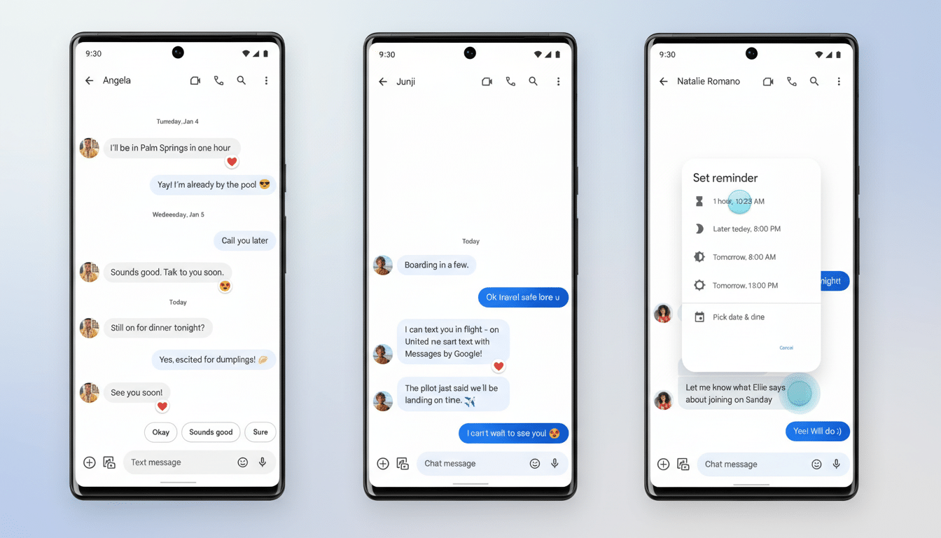 Three smartphone screens displaying messaging app interfaces. The left screen shows a conversation with Angela about travel and dinner plans. The middle screen shows a conversation with Junji about boarding a flight. The right screen shows a conversation with Natalie Romano with a Set reminder pop-up overlay.