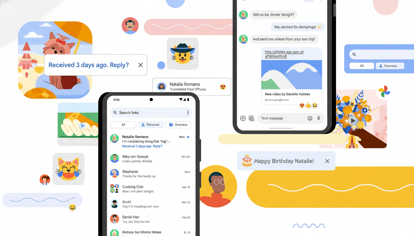 A 16:9 aspect ratio image of a Google Messages interface with various chat bubbles and emojis, showcasing different features and interactions.