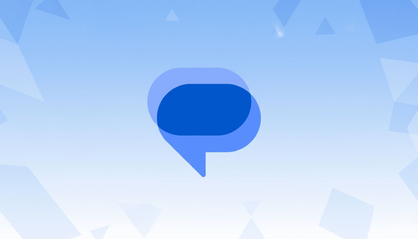 A blue chat bubble icon centered on a light blue background with subtle geometric patterns.