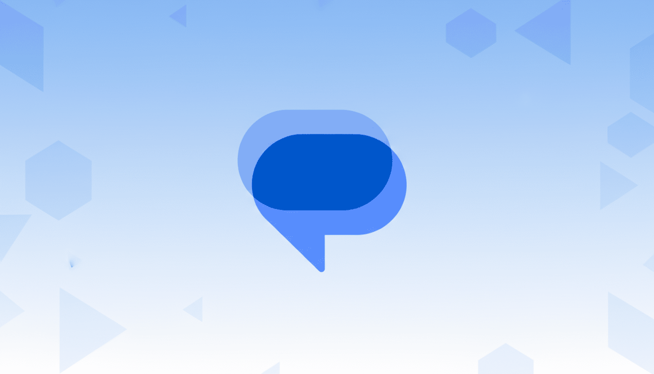 A blue chat bubble icon centered on a light blue gradient background with subtle geometric patterns.