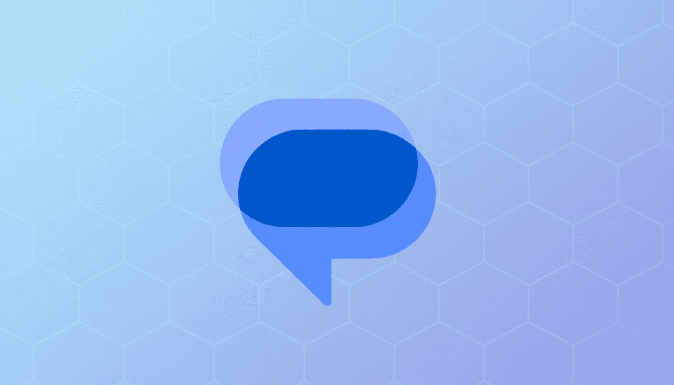 A blue chat bubble icon on a light blue background with a subtle hexagonal pattern.