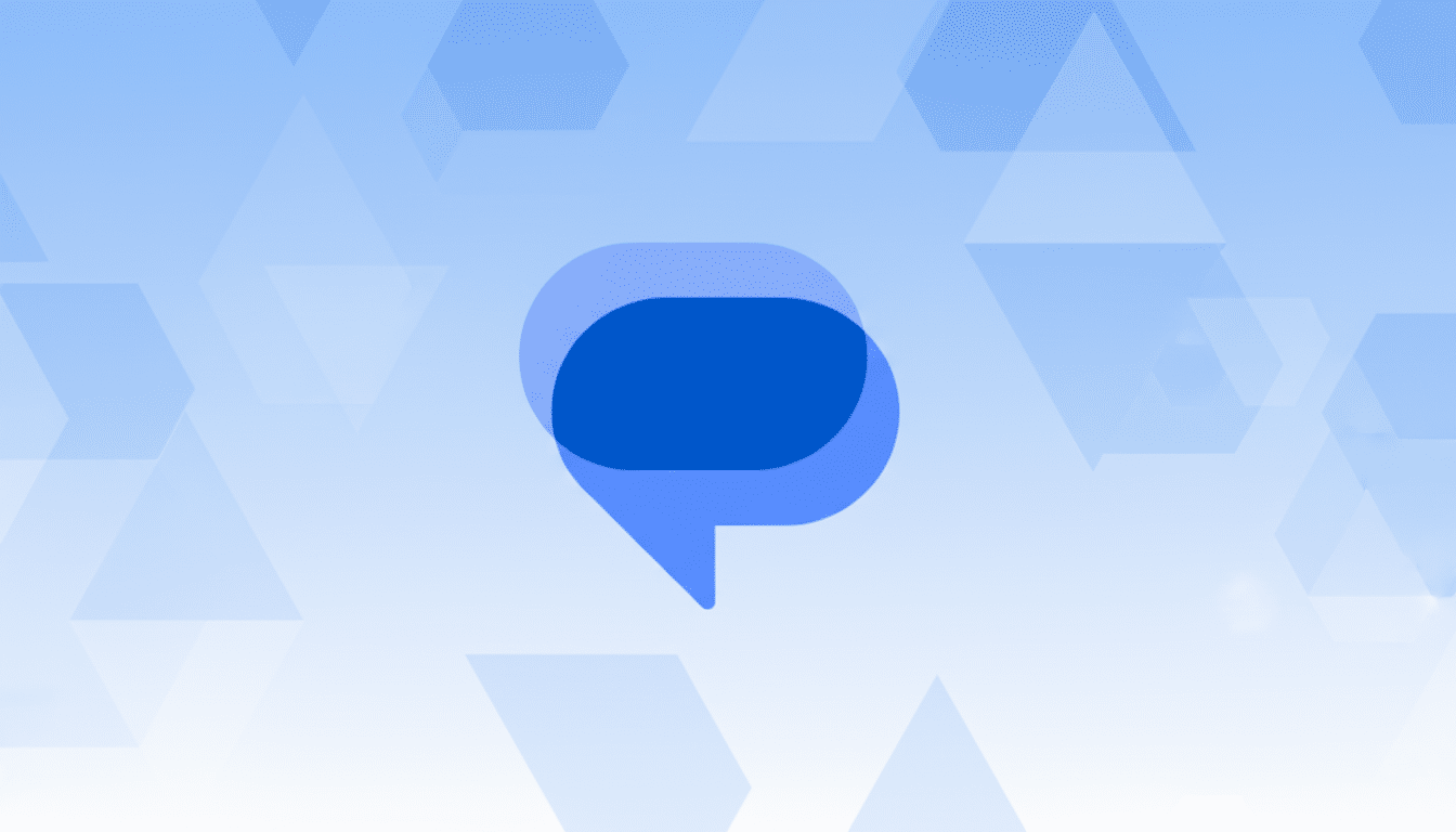 A blue chat bubble icon on a light blue background with subtle geometric patterns.