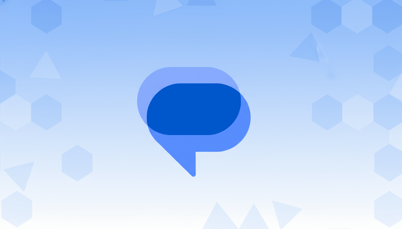 A blue chat bubble icon centered on a light blue gradient background with subtle geometric patterns.