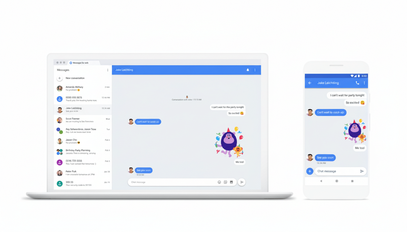 A laptop displaying Google Messages for web and a smartphone displaying the Google Messages app, both showing a conversation with Jake Leichtling. The laptop screen shows a list of conversations on the left and the chat with Jake on the right, featuring a purple animated character with party hats and confetti. The smartphone shows a similar chat interface.