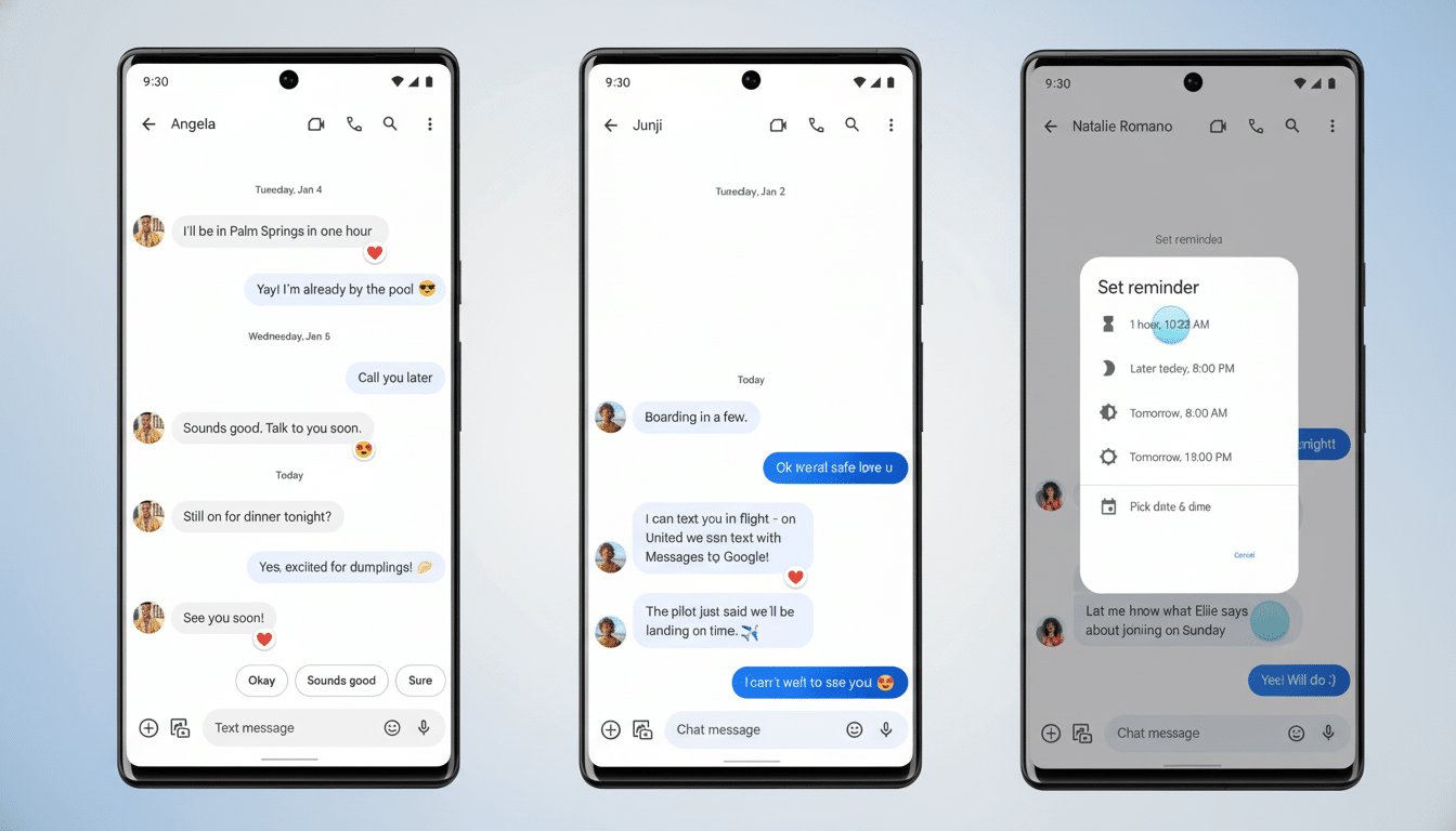 Three smartphone screens displaying messaging app interfaces. The first screen shows a conversation with Angela about meeting up. The second screen shows a conversation with Junji about boarding a flight. The third screen shows a Set reminder pop-up over a conversation with Natalie Romano.