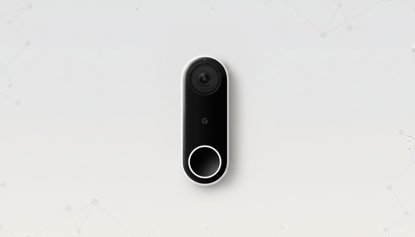 A black and white Google Nest Doorbell (battery) centered on a light gray background with subtle, interconnected dot patterns.