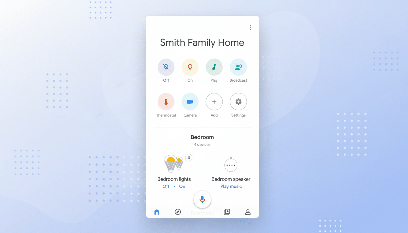 A screenshot of the Google Home app interface, displaying controls for Smith Family Home and Bedroom devices, set against a professional flat design background with soft patterns.