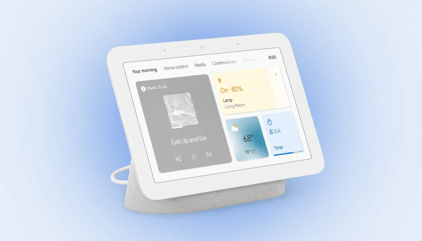 A white Google Nest Hub smart display showing various smart home controls and information, set against a professional flat design background with soft blue and white gradients.