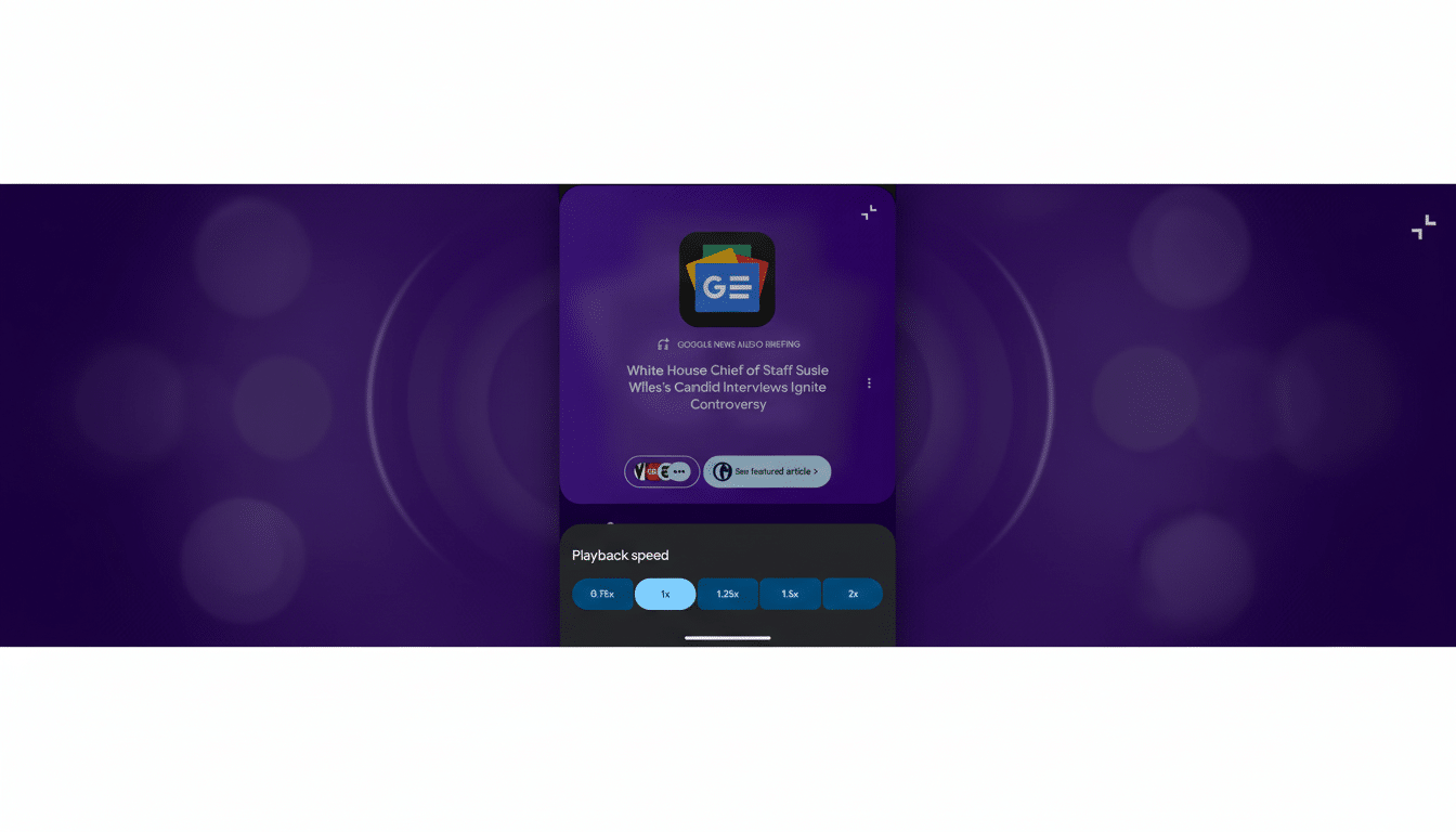 A screenshot of the Google News app interface, showing an audio briefing titled White House Chief of Staff Susie Wiless Candid Interviews Ignite Controversy. Below the title, there are options to view articles from CNN and The New York Times, and a See featured article button. At the bottom, playback speed options are displayed, with 1x currently selected. The background has been changed to a professional flat design with soft patterns and gradients, while preserving the original app interface.