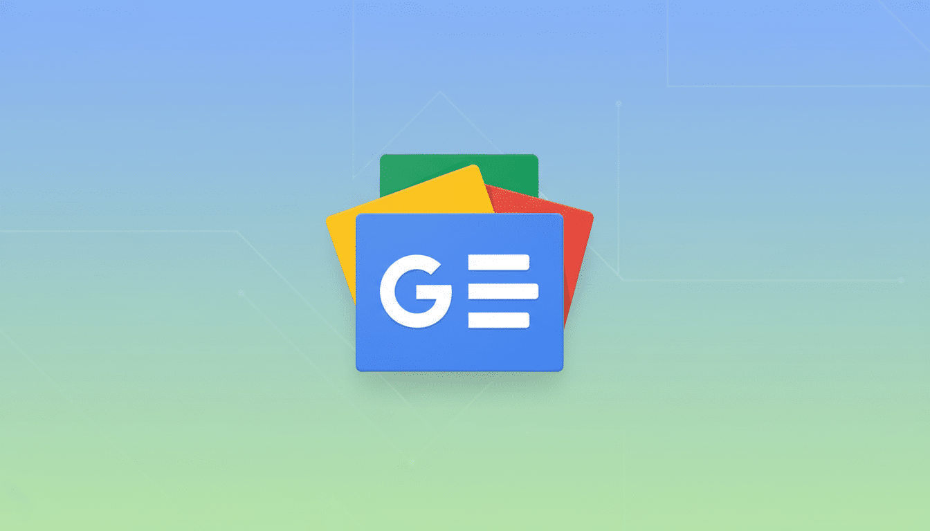 The Google News app icon, featuring a white G and three horizontal lines on a blue rectangle, layered over red, yellow, and green rectangles, set against a professional flat design background with soft blue and green gradients and subtle geometric patterns.
