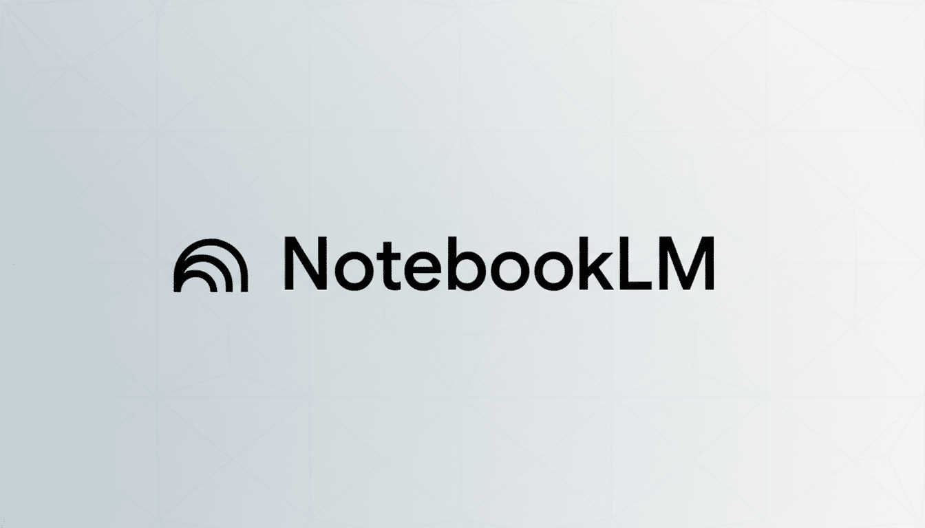 The NotebookLM logo, featuring a stylized black icon resembling a notebook or sound waves, next to the text NotebookLM in black, all set against a professional light gray background with subtle geometric patterns.
