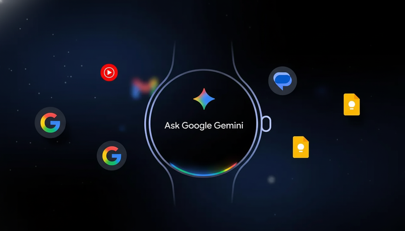 A Google Pixel Watch displaying Ask Google Gemini with the Gemini logo, surrounded by various Google app icons like YouTube, Google Assistant, Google Messages, and Google Keep, all set against a dark, subtly textured background.