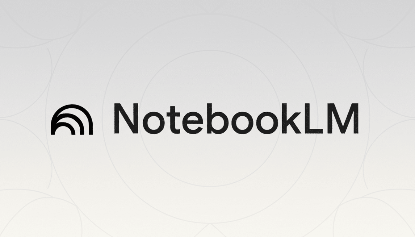 The NotebookLM logo, featuring a stylized black icon resembling stacked arcs next to the word NotebookLM in black text, presented on a light gray background with subtle, soft circular patterns.