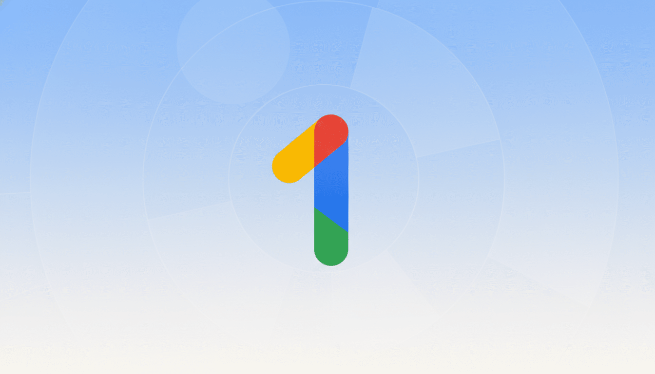 The Google One logo, a stylized number 1 in red, yellow, blue, and green, centered on a professional flat design background with soft blue and white gradients and subtle circular patterns.