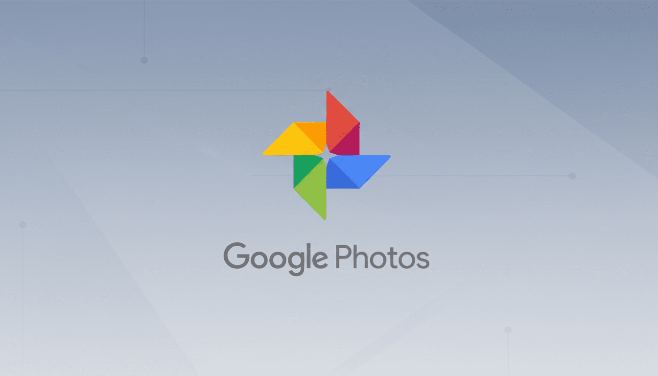 The Google Photos logo, a colorful pinwheel design, centered on a professional flat gray background with subtle geometric patterns and gradients.