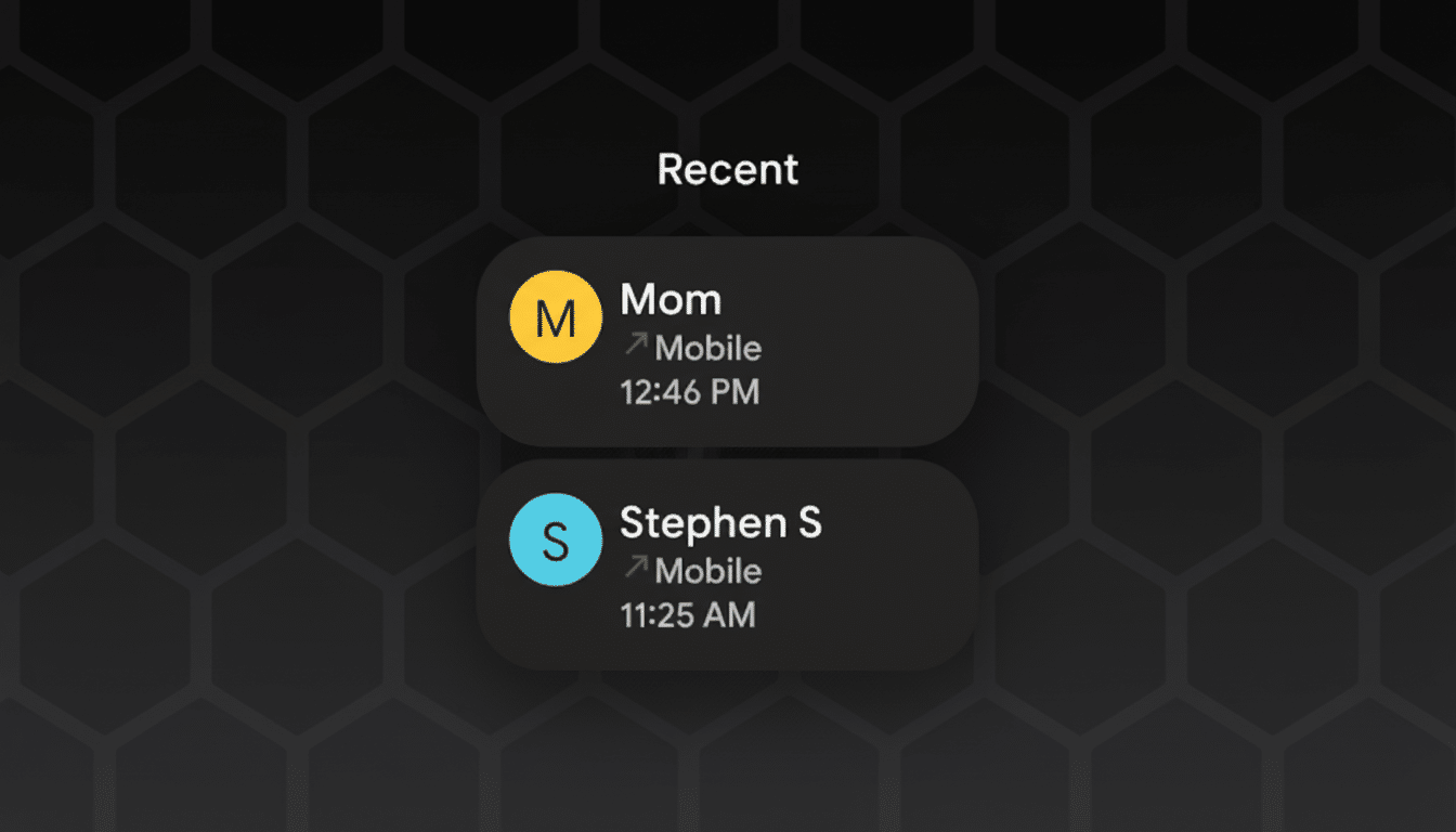 A screenshot of a Recent call list with two entries: Mom and Stephen S, displayed on a dark background with a subtle hexagonal pattern.