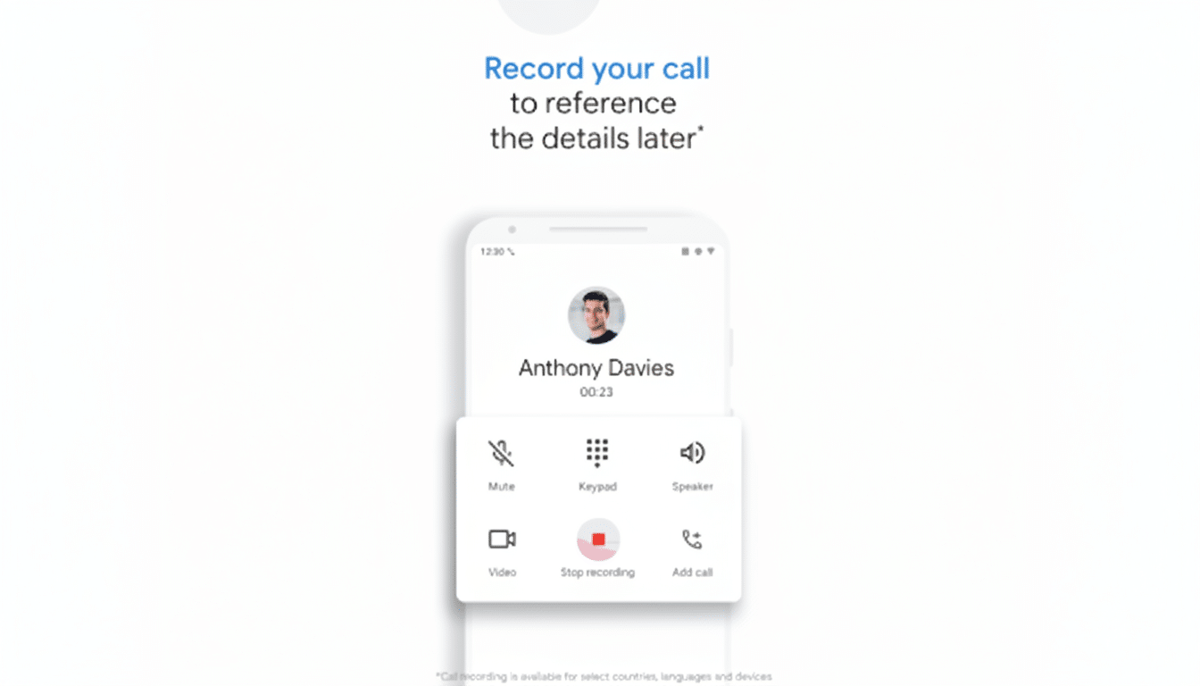 A smartphone screen displaying an active call with Anthony Davies and options for mute, keypad, speaker, video, stop recording, and add call. The text Record your call to reference the details later is above the phone.