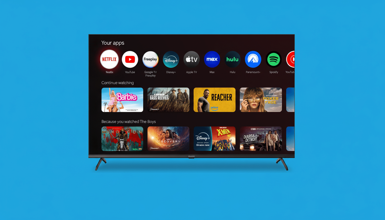 A television displaying various streaming app icons and content, set against a solid blue background.