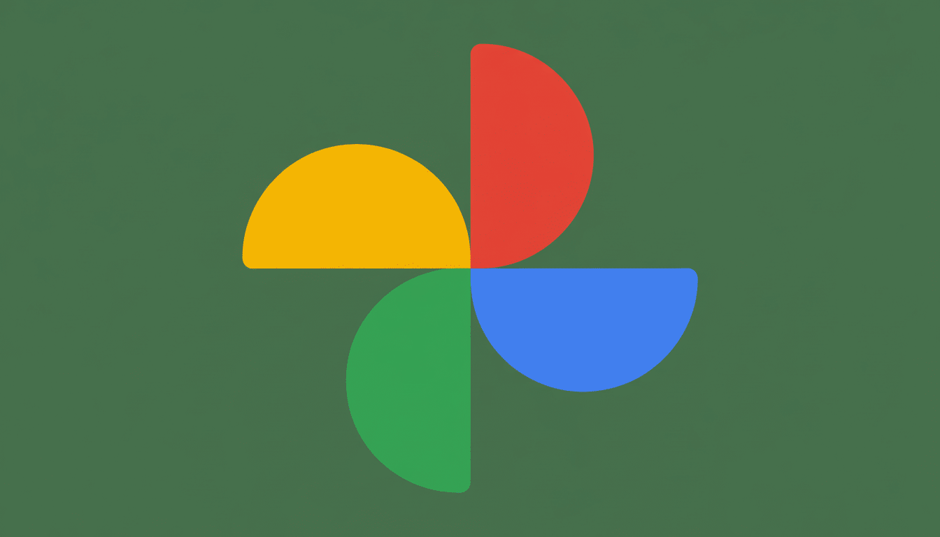 The Google Photos logo, composed of four colorful, semicircular shapes (yellow, red, blue, green) arranged in a pinwheel pattern, set against a solid dark green background.