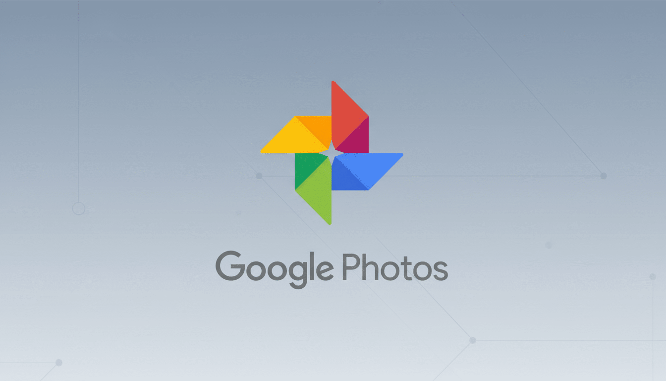 The Google Photos logo, featuring a colorful pinwheel design, centered on a professional flat gray background with subtle geometric patterns.