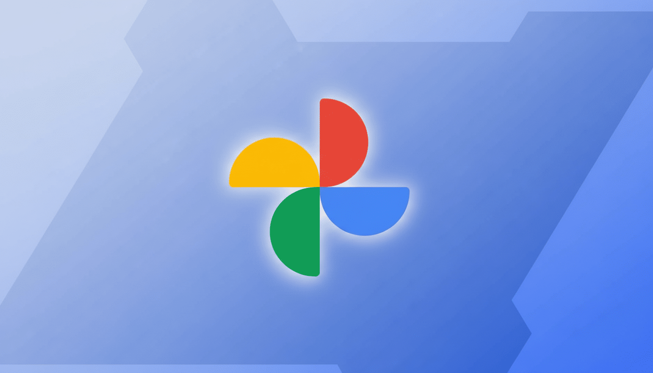 The Google Photos logo, composed of four colorful quarter-circles (red, yellow, green, blue), centered on a professional blue gradient background with subtle geometric patterns.