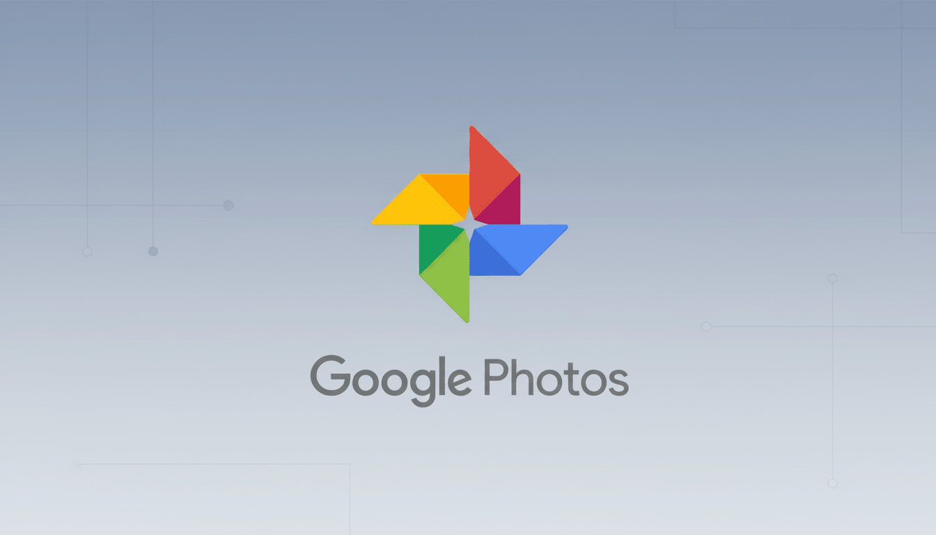 The Google Photos logo, featuring a colorful pinwheel design, centered on a professional flat gray background with subtle geometric patterns.