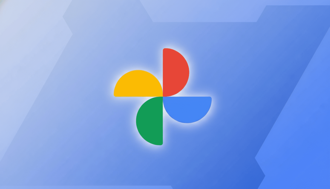The Google Photos logo, composed of four colorful pinwheel-like shapes (red, yellow, green, blue), centered on a professional blue gradient background with subtle geometric patterns.