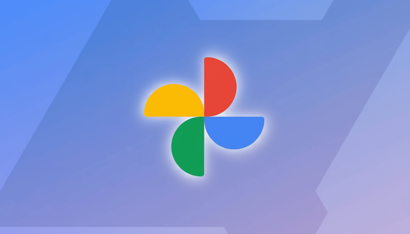 The Google Photos logo, composed of four colorful semicircles (red, yellow, green, and blue), centered on a professional flat design background with soft blue and purple gradients and subtle geometric patterns.