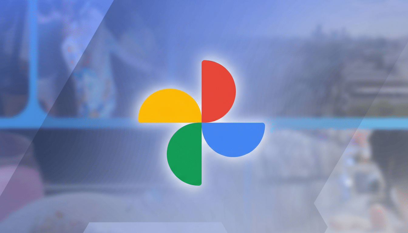 The Google Photos logo, consisting of four colored quarter-circles (red, yellow, green, blue) forming a pinwheel shape, centered on a blurred background with a 16:9 aspect ratio.