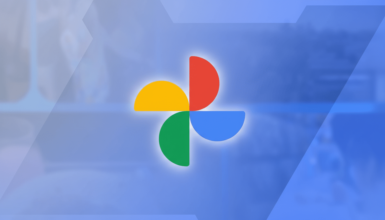 The Google Photos logo, composed of four colorful quarter-circles (red, yellow, green, and blue), centered on a blurred blue background with subtle geometric overlays.