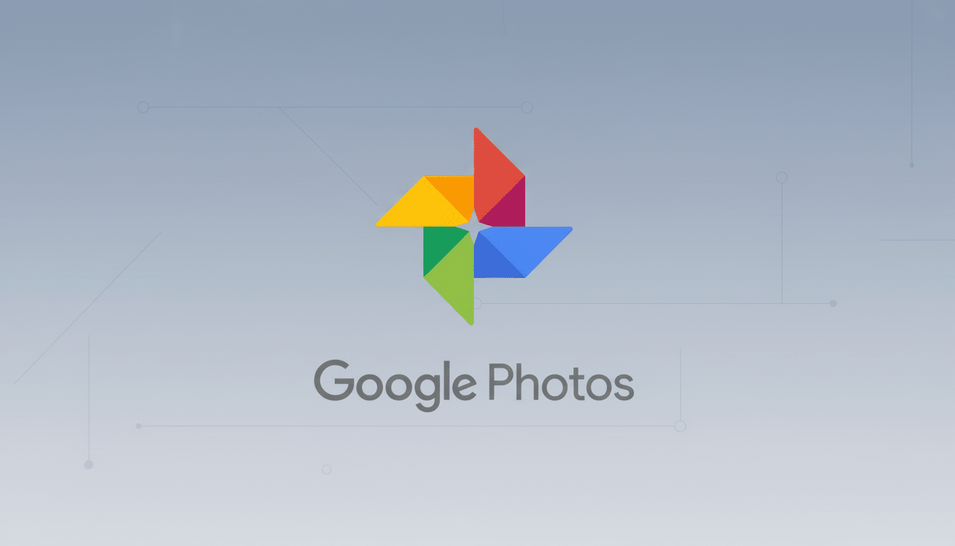 The Google Photos logo and text on a professional flat design background with soft patterns and gradients, resized to a 16:9 aspect ratio.