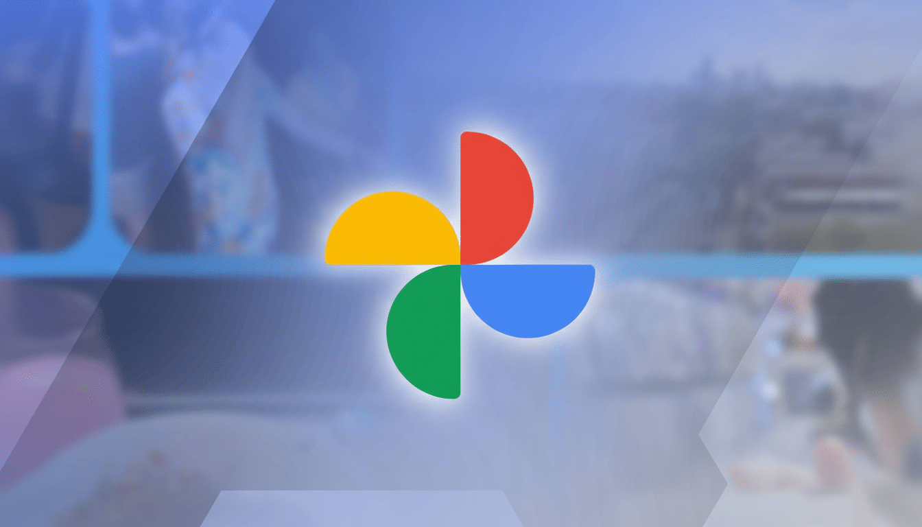 The Google Photos logo, composed of four colorful quarter-circles (red, yellow, green, and blue), centered on a blurred blue background with subtle geometric overlays.