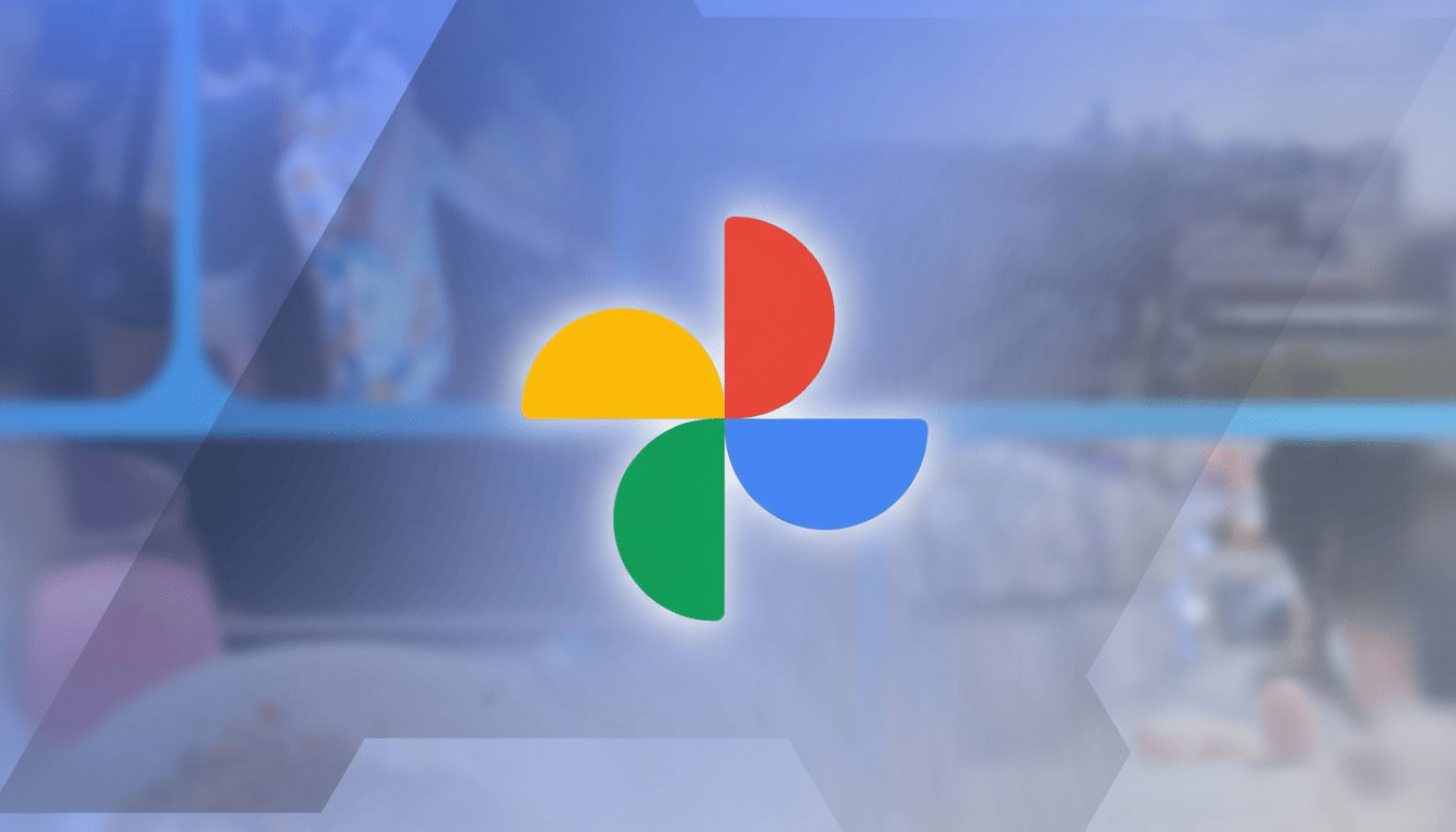 The Google Photos logo, composed of four colorful semicircles (red, yellow, green, and blue) arranged in a pinwheel shape, centered on a blurred blue background with subtle geometric overlays.