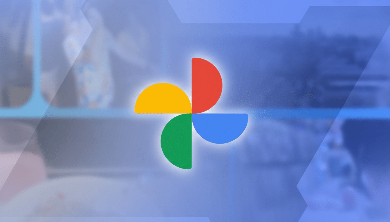 The Google Photos logo, composed of four colorful quarter-circles (red, yellow, green, and blue), centered on a blurred blue background with subtle geometric overlays.