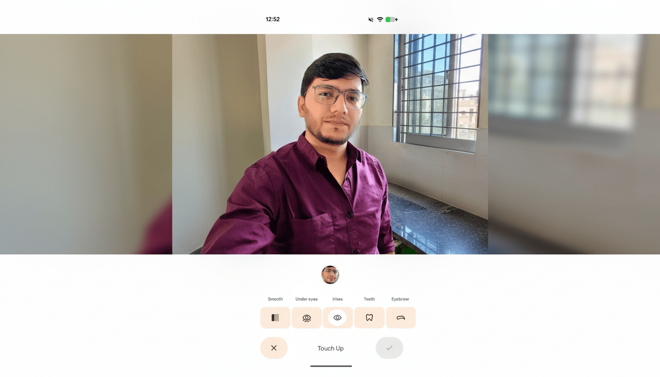 Google Photos Touch Up Face Editor showing skin smoothing and blemish removal tools