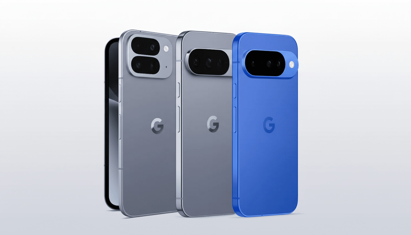 A row of four smartphones, with the three on the right featuring a prominent G logo on their backs, presented against a clean, professional background.