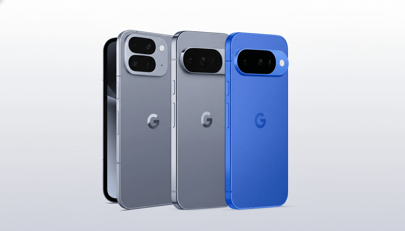 Three smartphones, two gray and one blue, with a Google logo on the back, are displayed against a clean, professional background.