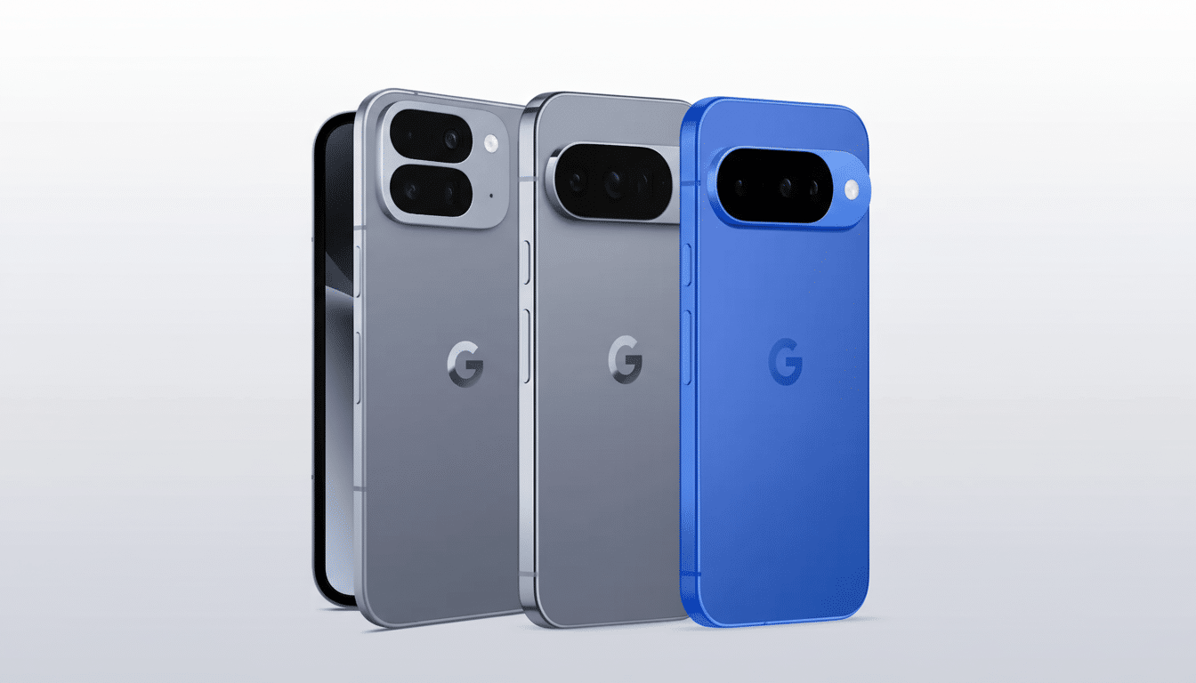 Three smartphones, two gray and one blue, with a G logo on the back, are displayed against a clean, professional white background.