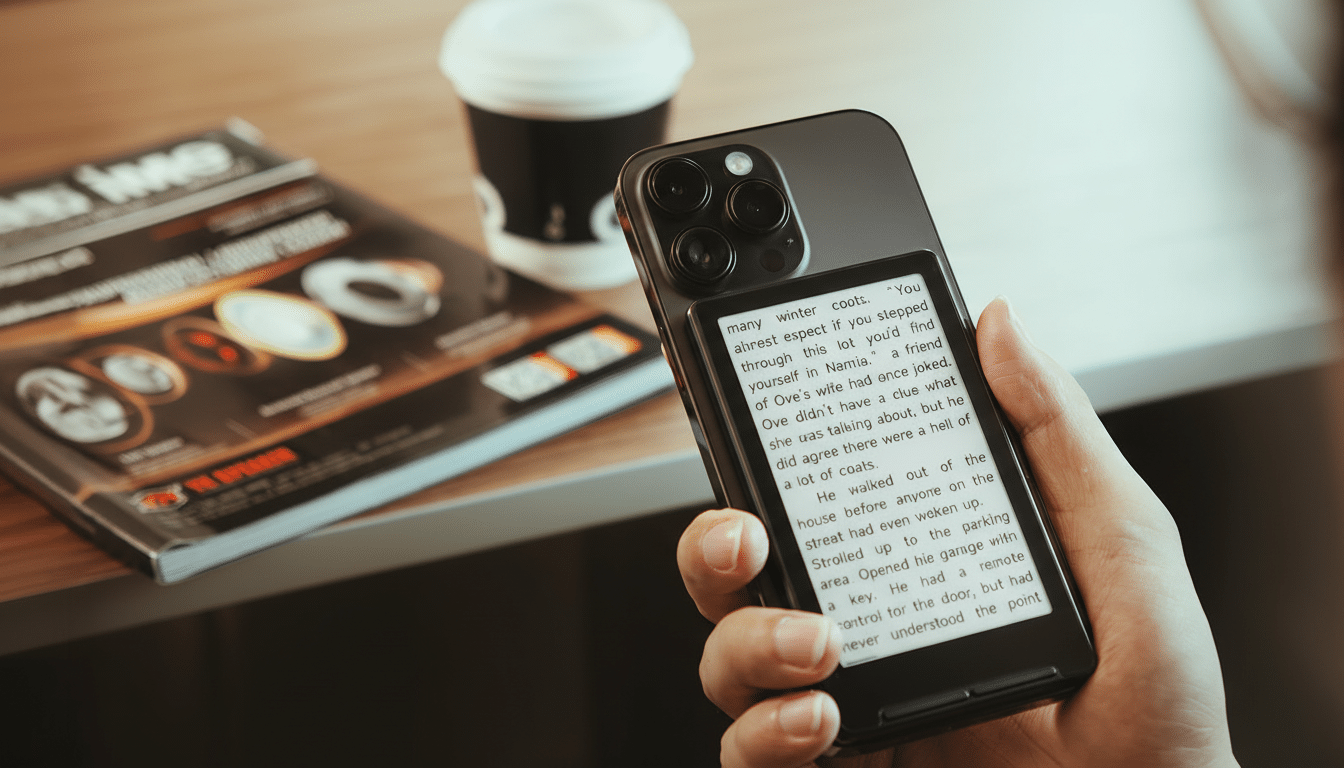A person holding a smartphone with an e-reader attachment displaying text, with a magazine and a coffee cup blurred in the background.