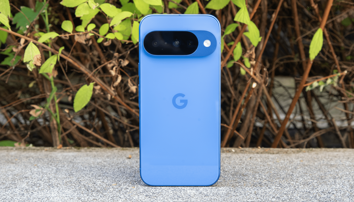 A blue Google Pixel phone standing upright on a concrete surface with a background of green leaves and brown branches.