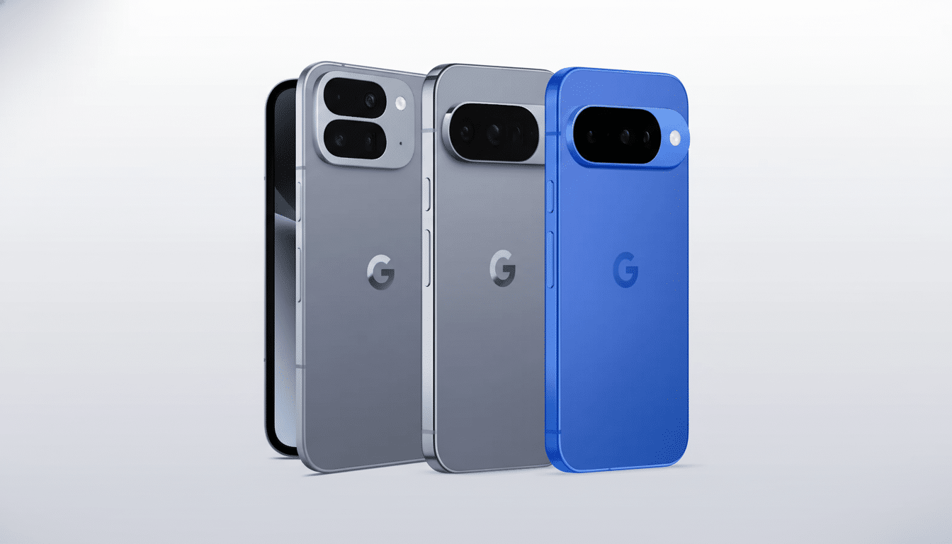 A professional image showcasing three Google Pixel phones in a 16:9 aspect ratio. The phones are in shades of gray and blue, with the Google G logo visible on the back of each. The background is a clean, professional flat design with a soft gradient.