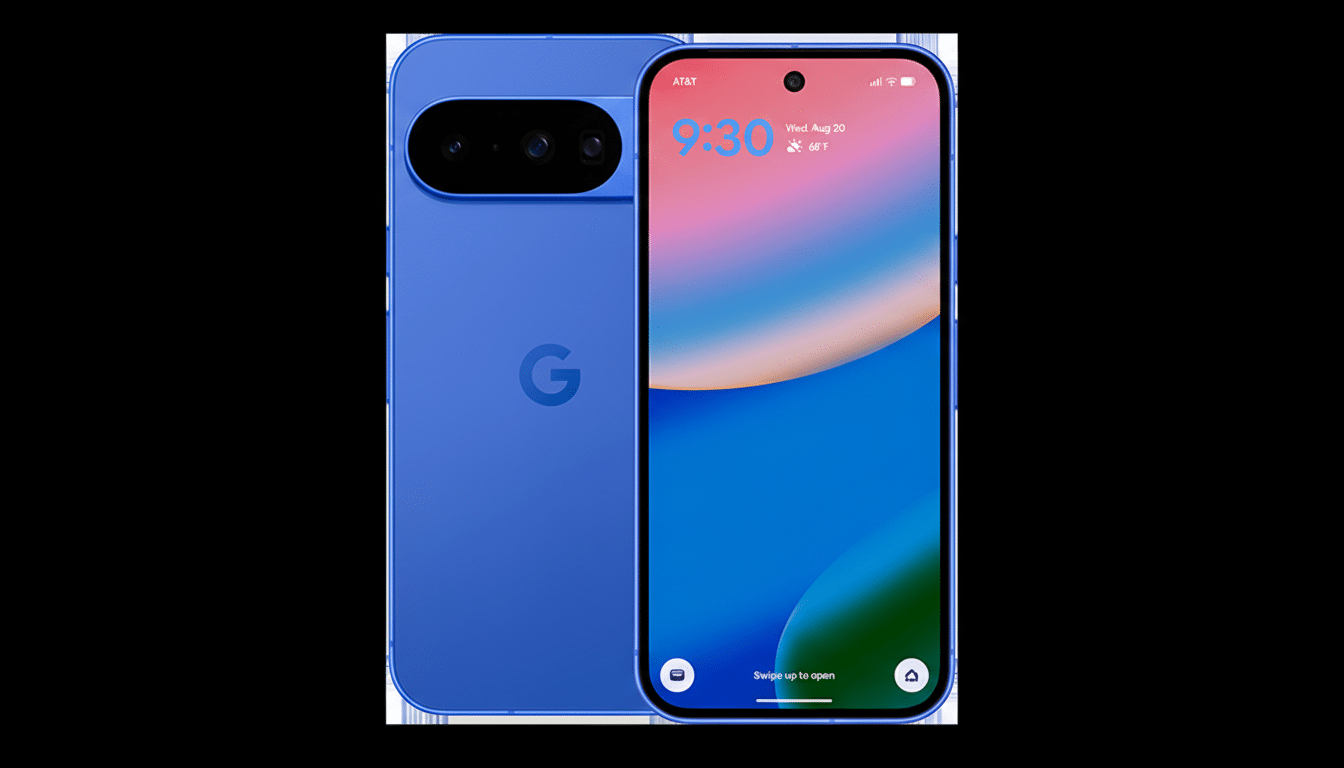 A blue Google Pixel phone, shown from the front and back, with the front display showing the time 9:30 and a colorful wallpaper.