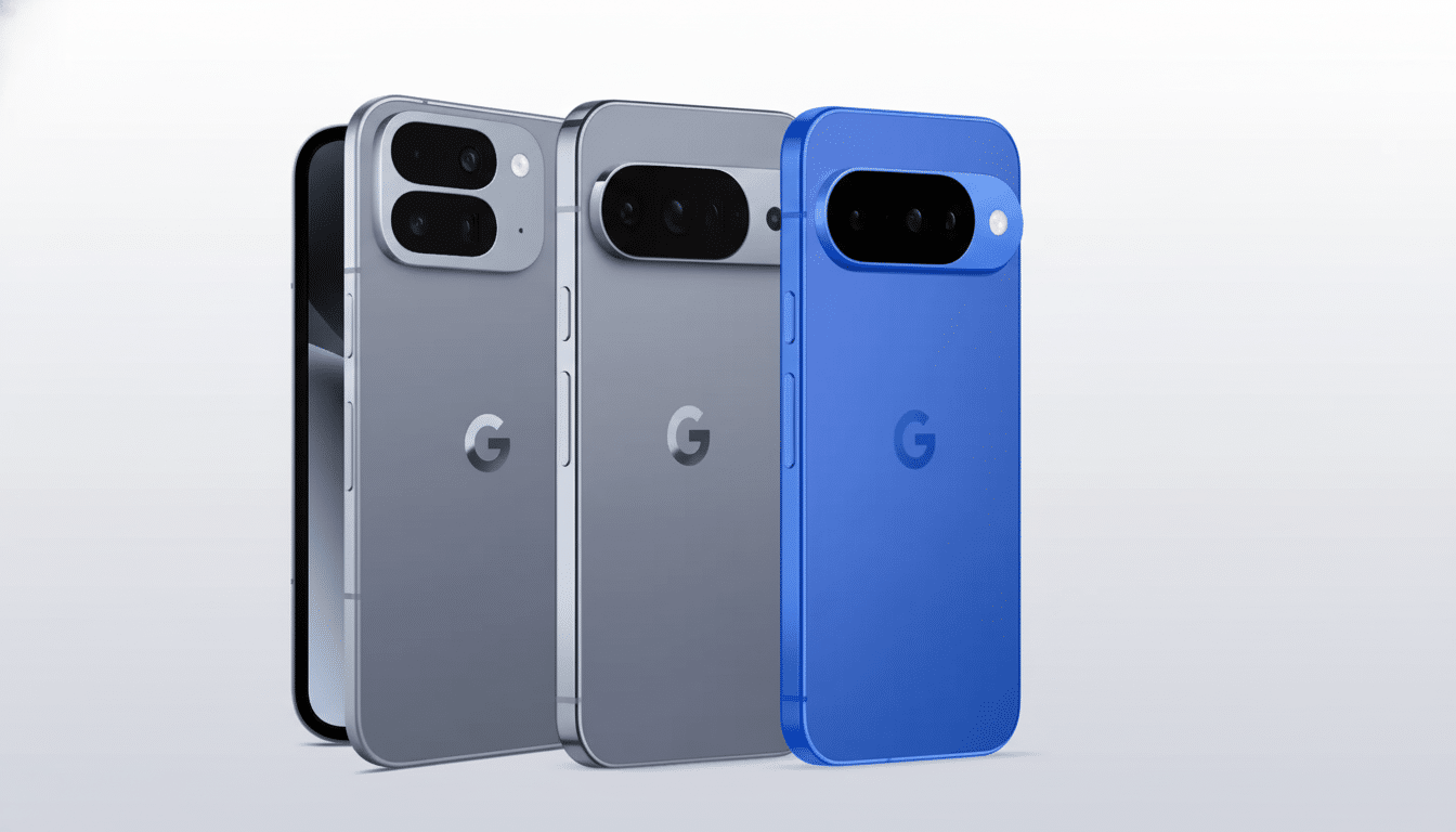 A professional image showcasing three Google Pixel phones in different shades of gray and one in blue, all with the Google logo on the back, presented against a clean, light background.