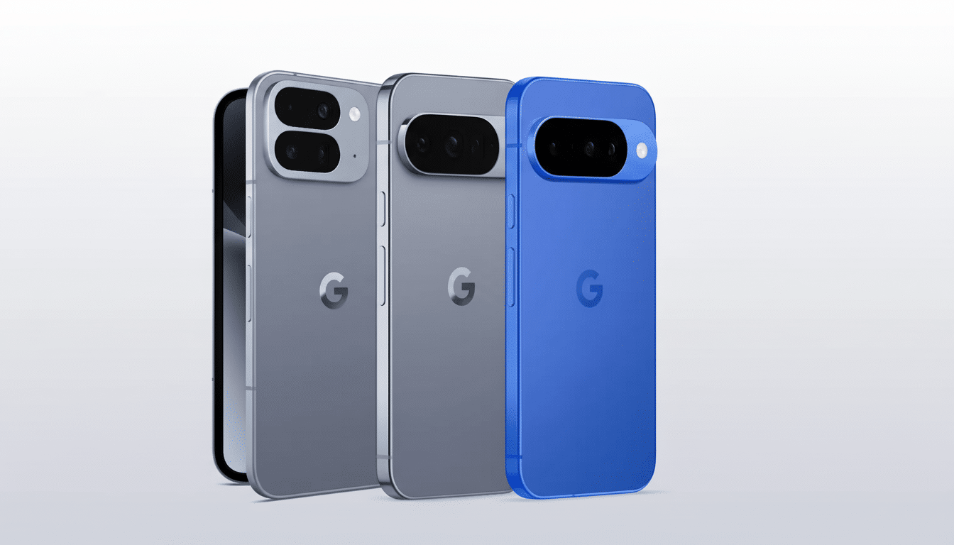 A 16:9 aspect ratio image showing three Google Pixel phones in different shades of gray and blue, with a fourth phone partially visible on the far left.