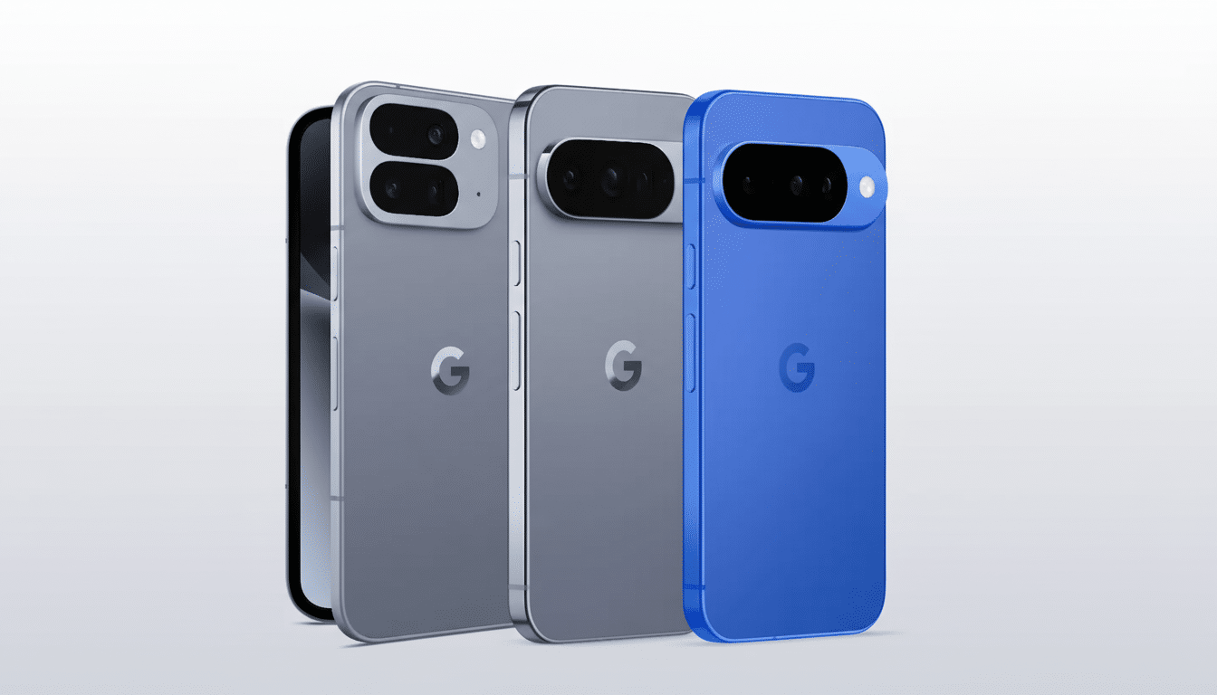 A 16:9 aspect ratio image showing three Google Pixel phones in different shades of gray and blue, with a subtle gradient background.
