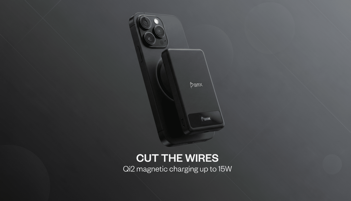 A black smartphone with a black magnetic wireless charger attached to its back, set against a dark grey background with a subtle gradient. The text CUT THE WIRES and Qi2 magnetic charging up to 15W are visible at the bottom.