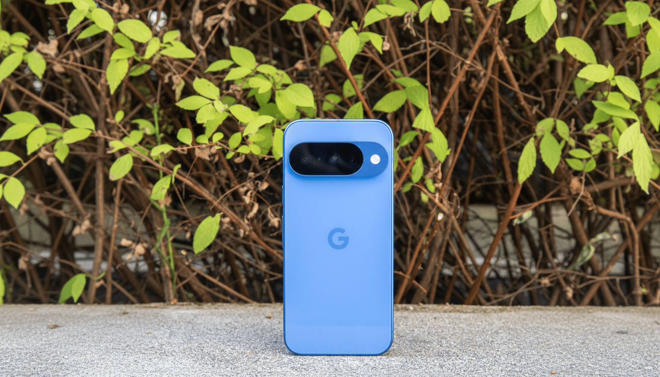 A blue Google Pixel phone standing upright on a concrete surface with green foliage and brown branches in the background.